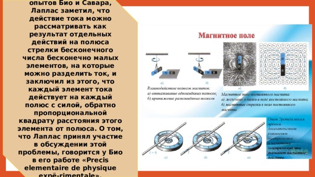 Узнав о результатах опытов Био и Савара, Лаплас заметил, что действие тока можно рассматривать как результат отдельных действий на полюса стрелки бесконечного числа бесконечно малых элементов, на которые можно разделить ток, и заключил из этого, что каждый элемент тока действует на каждый полюс с силой, обратно пропорциональной квадрату расстояния этого элемента от полюса. О том, что Лаплас принял участие в обсуждении этой проблемы, говорится у Био в его работе «Precis elementaire de physique ехрё-rimentale». 