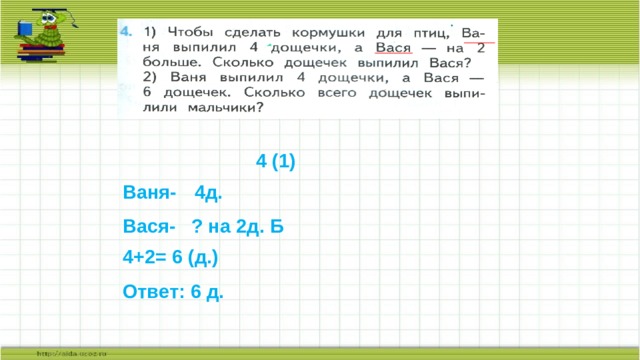 4 (1) Ваня- 4д. Вася- ? на 2д. Б 4+2= 6 (д.) Ответ: 6 д.  