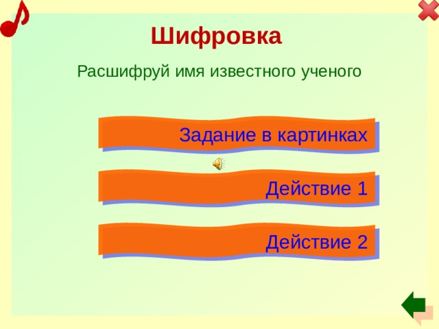 Шифровка Расшифруй имя известного ученого Задание в картинках Действие 1 Действие 2 