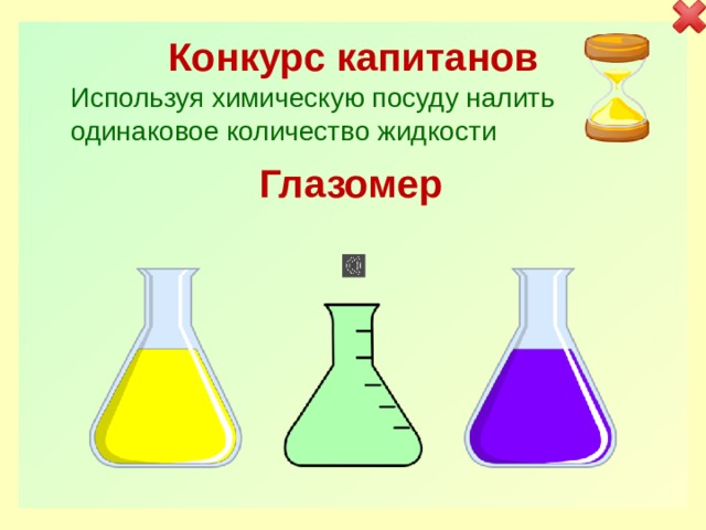 Конкурс капитанов Используя химическую посуду налить одинаковое количество жидкости Глазомер 