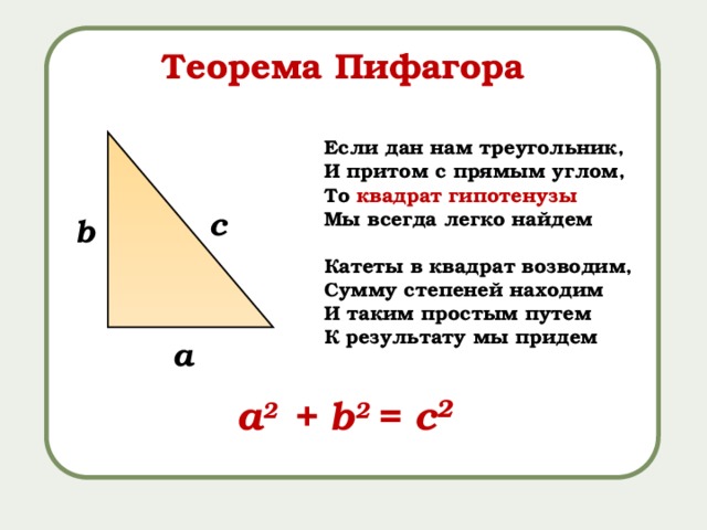Теорема Пифагора Если дан нам треугольник, И притом с прямым углом, То квадрат  гипотенузы Мы всегда легко найдем   Катеты в квадрат возводим, Сумму степеней находим И таким простым путем К результату мы придем c b a a 2 + b 2 = c 2 