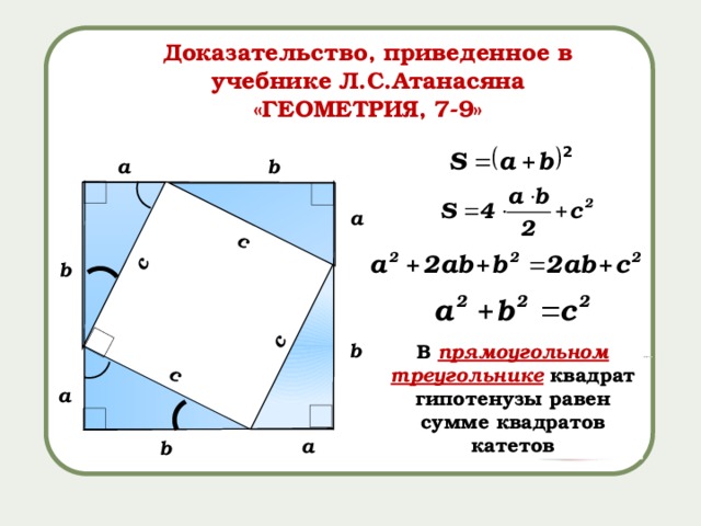 c c c c Доказательство, приведенное в учебнике Л.С.Атанасяна «ГЕОМЕТРИЯ, 7-9» a b a b b В прямоугольном треугольнике  квадрат гипотенузы равен сумме квадратов катетов а a b 