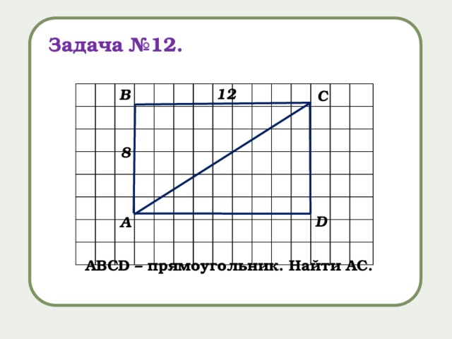 Задача №12. 12 В С 8 D А АВСD – прямоугольник. Найти AС. 
