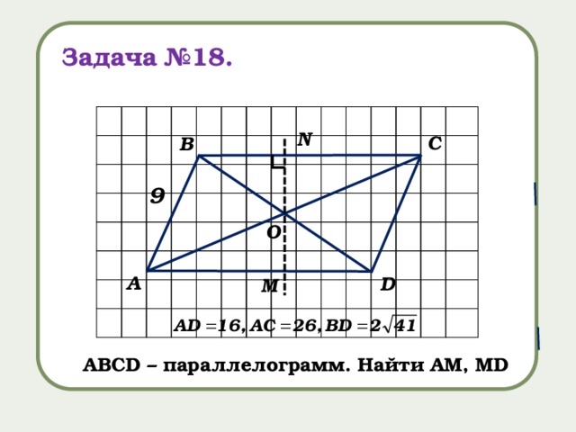 Задача №18. N С В ∟ 9 O А D M АВСD – параллелограмм. Найти AM, MD 