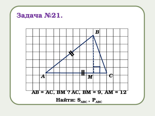 ǁ Задача №21. В ǁ С А М AB = АC, ВМ ⏊ АC, BМ = 9, АМ = 12 Найти: S ABC ,  Р ABC 