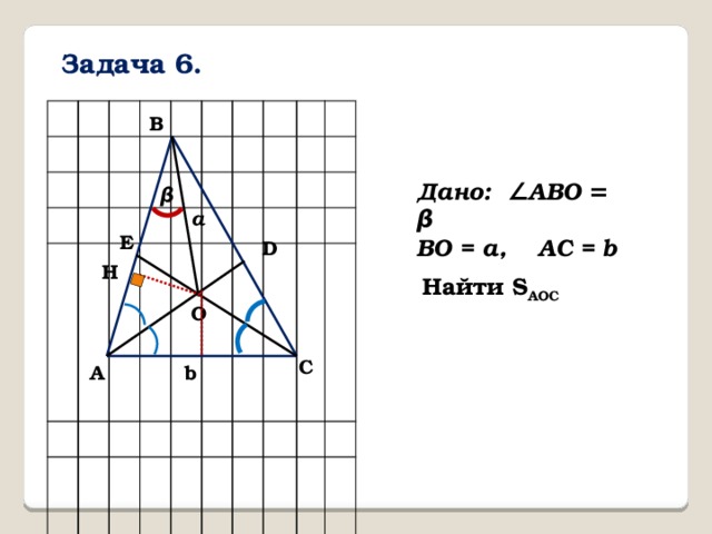 Задача 6. B Дано: ∠ABO = β BO = a, AC = b β a E D H Найти S AOC O C A b 