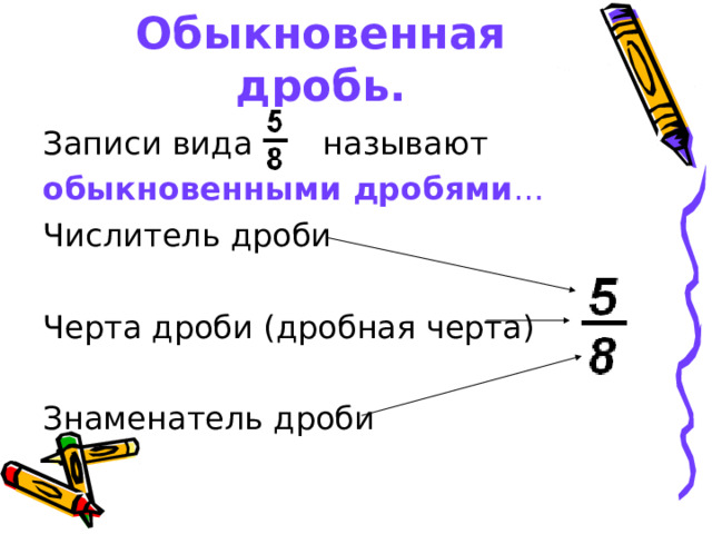 Обыкновенная дробь. Записи вида называют обыкновенными дробями … Числитель дроби Черта дроби (дробная черта) Знаменатель дроби 