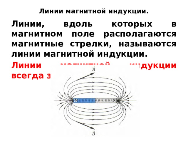Линии магнитной индукции. Линии, вдоль которых в магнитном поле располагаются магнитные стрелки, называются линии магнитной индукции. Линии магнитной индукции всегда замкнуты. 