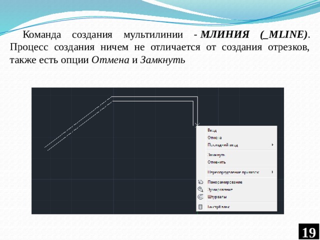 Команда создания мультилинии -   МЛИНИЯ (_MLINE) . Процесс создания ничем не отличается от создания отрезков, также есть опции  Отмена  и  Замкнуть  