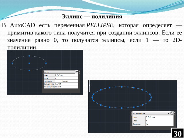 Эллипс — полилиния В AutoCAD есть переменная  PELLIPSE , которая определяет — примитив какого типа получится при создании эллипсов. Если ее значение равно 0, то получатся эллипсы, если 1 — то 2D-полилинии.  