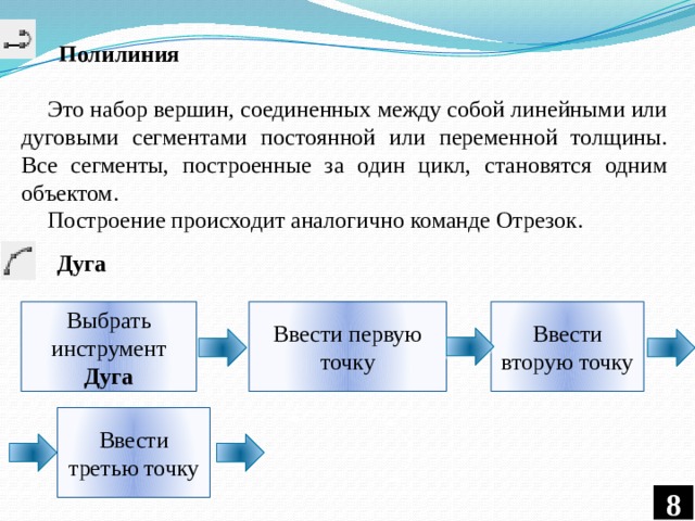  Полилиния Это набор вершин, соединенных между собой линейными или дуговыми сегментами постоянной или переменной толщины. Все сегменты, построенные за один цикл, становятся одним объектом. Построение происходит аналогично команде Отрезок. Дуга Выбрать инструмент Дуга Ввести первую точку Ввести вторую точку Ввести третью точку 