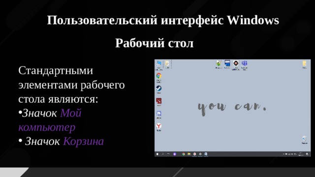 Пользовательский интерфейс Windows Рабочий стол Стандартными элементами рабочего стола являются: