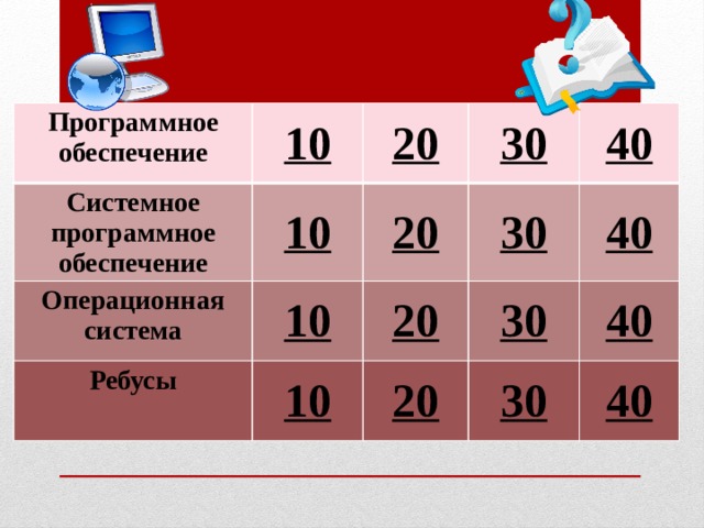 Программное обеспечение Системное программное обеспечение 10 10 Операционная система 20 20 30 10 Ребусы 40 30 20 10 40 30 20 40 30 40