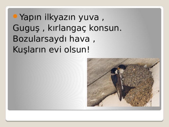 Yapın ilkyazın yuva , Guguş , kırlangaç konsun. Bozularsaydı hava , Kuşların evi olsun! 