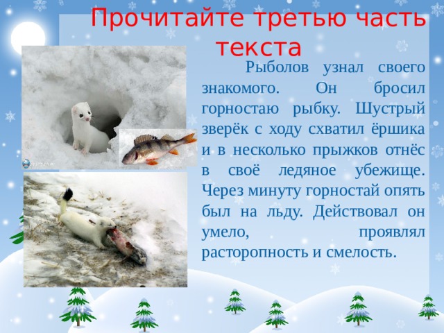 Прочитайте третью часть текста Рыболов узнал своего знакомого. Он бросил горностаю рыбку. Шустрый зверёк с ходу схватил ёршика и в несколько прыжков отнёс в своё ледяное убежище. Через минуту горностай опять был на льду. Действовал он умело, проявлял расторопность и смелость. 