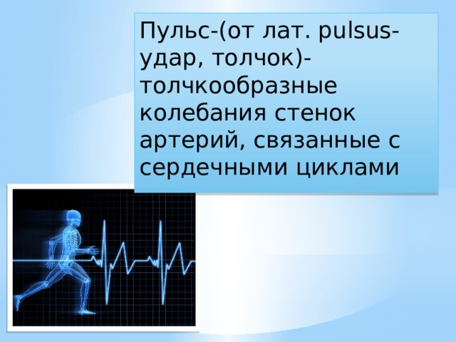 Пульс-(от лат. pulsus-удар, толчок)-толчкообразные колебания стенок артерий, связанные с сердечными циклами  