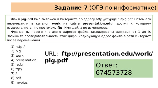 Задание 7 (ОГЭ по информатике) Файл pig.pdf был выложен в Интернете по адресу http://mypigs.ru/pig.pdf. Потом его переместили в каталог work на сайте presentation.edu , доступ к которому осуществляется по протоколу ftp . Имя файла не изменилось. Фрагменты нового и старого адресов файла закодированы цифрами от 1 до 9. Запишите последовательность этих цифр, кодирующую адрес файла в сети Интернет после перемещения. 1) http:/ 2) pig 3) work 4) presentation 5) .edu 6) ftp:/ 7) / 8).pdf 9) mypigs URL: ftp://presentation.edu/work/pig.pdf Ответ: 674573728 