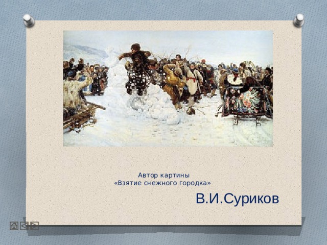   Автор картины  «Взятие снежного городка»     В.И.Суриков 