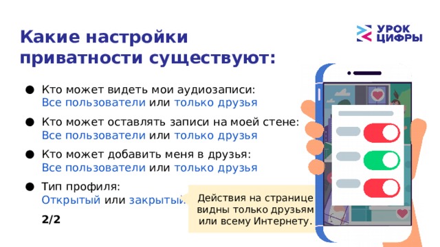 Какие настройки приватности существуют: Кто может видеть мои аудиозаписи: Все пользователи или только друзья Кто может оставлять записи на моей стене: Все пользователи или только друзья Кто может добавить меня в друзья: Все пользователи или только друзья Тип профиля: Открытый или закрытый 2/2 Действия на странице видны только друзьям или всему Интернету. 