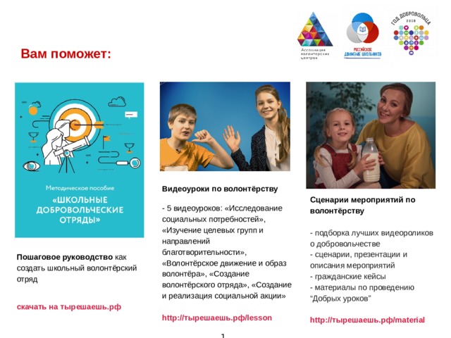 Вам поможет:  Видеоуроки по волонтёрству Сценарии мероприятий по волонтёрству - 5 видеоуроков: «Исследование социальных потребностей», «Изучение целевых групп и направлений благотворительности», «Волонтёрское движение и образ волонтёра», «Создание волонтёрского отряда», «Создание и реализация социальной акции» - подборка лучших видеороликов о добровольчестве - сценарии, презентации и описания мероприятий http://тырешаешь.рф/lesson  - гражданские кейсы - материалы по проведению “Добрых уроков” http://тырешаешь.рф/material       Пошаговое руководство как создать школьный волонтёрский отряд  скачать на тырешаешь.рф     