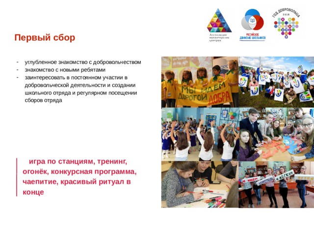 Первый сбор углубленное знакомство с добровольчеством знакомство с новыми ребятами заинтересовать в постоянном участии в добровольческой деятельности и создании школьного отряда и регулярном посещении сборов отряда    игра по станциям, тренинг, огонёк, конкурсная программа, чаепитие, красивый ритуал в конце  