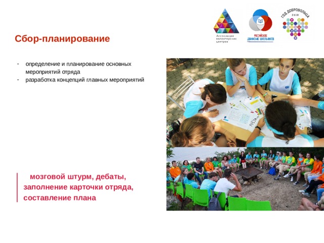 Сбор-планирование определение и планирование основных мероприятий отряда разработка концепций главных мероприятий     мозговой штурм, дебаты, заполнение карточки отряда, составление плана  