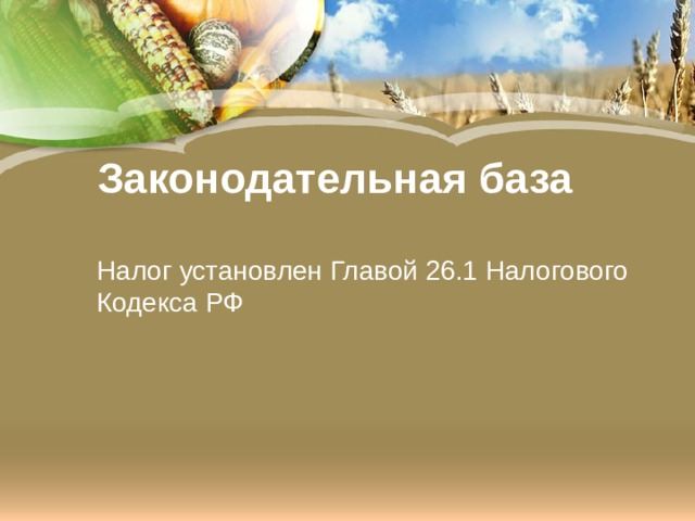 Законодательная база Налог установлен Главой 26.1 Налогового Кодекса РФ 