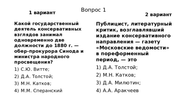 1 вариант 2 вариант Вопрос 1 Какой государственный деятель консервативных взглядов занимал одновременно две должности до 1880 г. — обер-прокурора Синода и министра народного просвещения? Публицист, литературный критик, возглавлявший издание консервативного направления — газету «Московские ведомости» в пореформенный период, — это С.Ю. Витте; Д.А. Толстой; М.Н. Катков; М.М. Сперанский 1) Д.А. Толстой; 2) М.Н. Катков; 3) Д.А. Милютин; 4) А.А. Аракчеев 