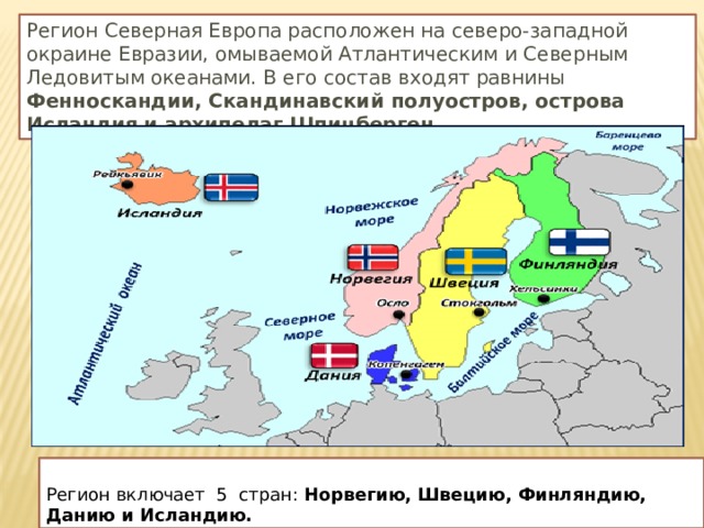 Регион Северная Европа расположен на северо-западной окраине Евразии, омываемой Атлантическим и Северным Ледовитым океанами. В его состав входят равнины Фенноскандии, Скандинавский полуостров, острова Исландия и архипелаг Шпицберген. Регион включает 5 стран: Норвегию, Швецию, Финляндию, Данию и Исландию. 