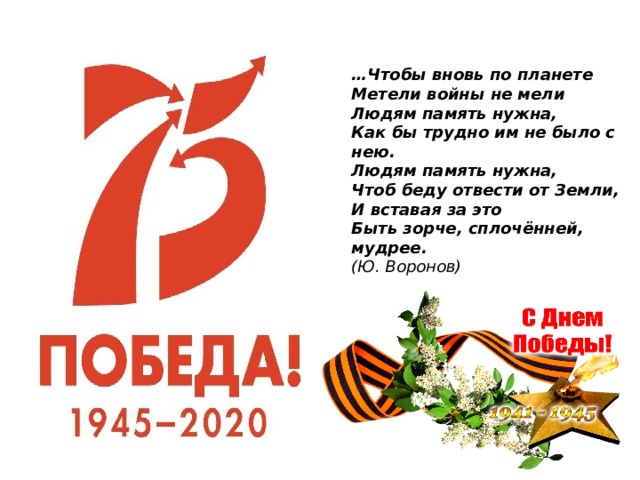 … Чтобы вновь по планете  Метели войны не мели  Людям память нужна,  Как бы трудно им не было с нею.  Людям память нужна,  Чтоб беду отвести от Земли,  И вставая за это  Быть зорче, сплочённей, мудрее.  (Ю. Воронов) 