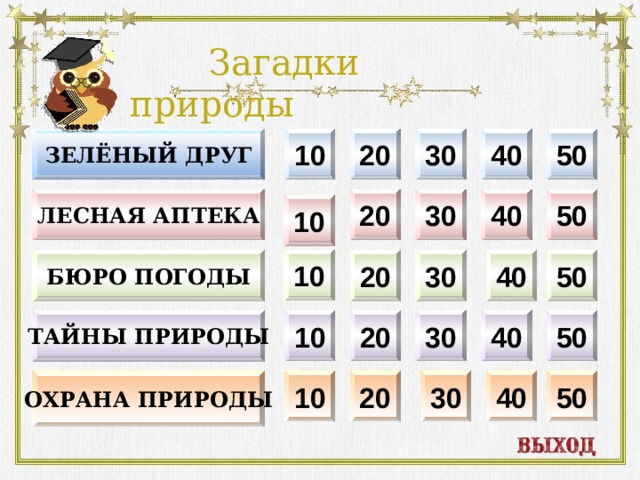  Загадки природы 20 Зелёный друг 10 50 40 30 30 40 20 Лесная аптека 50 10 10 50 40 30 Бюро погоды 20 50 40 30 20 10 Тайны природы 10 Охрана природы 50 40 30 20  