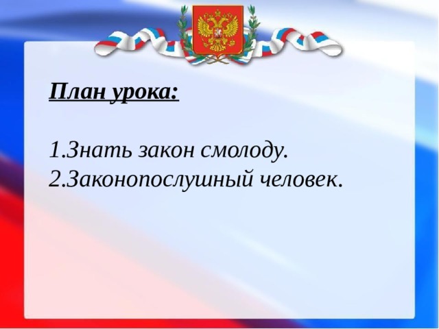 План урока:  Знать закон смолоду. Законопослушный человек.  