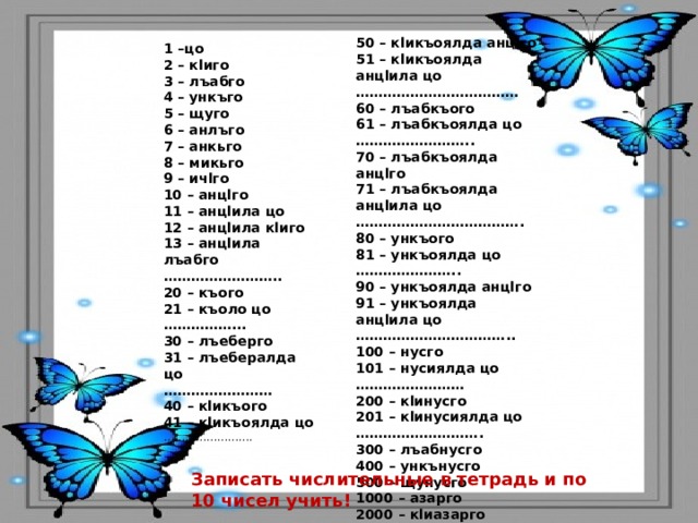 50 – кlикъоялда анцlго 51 – кlикъоялда анцlила цо ……………………………… 60 – лъабкъого 61 – лъабкъоялда цо …………………… .. 70 – лъабкъоялда анцlго 71 – лъабкъоялда анцlила цо ……………………………… . 80 – ункъого 81 – ункъоялда цо ………………… .. 90 – ункъоялда анцlго 91 – ункъоялда анцlила цо …………………………… .. 100 – нусго 101 – нусиялда цо …………………… 200 – кlинусго 201 – кlинусиялда цо ……………………… . 300 – лъабнусго 400 – ункънусго 500 – щунусго 1000 – азарго 2000 – кlиазарго 1 –цо 2 – кlиго 3 – лъабго 4 – ункъго 5 – щуго 6 – анлъго 7 – анкьго 8 – микьго 9 – ичlго 10 – анцlго 11 – анцlила цо 12 – анцlила кlиго 13 – анцlила лъабго …………………… .. 20 – къого 21 – къоло цо …………… ... 30 – лъеберго 31 – лъебералда цо …………………… 40 – кlикъого 41 – кlикъоялда цо …………………… . Записать числительные в тетрадь и по 10 чисел учить! 