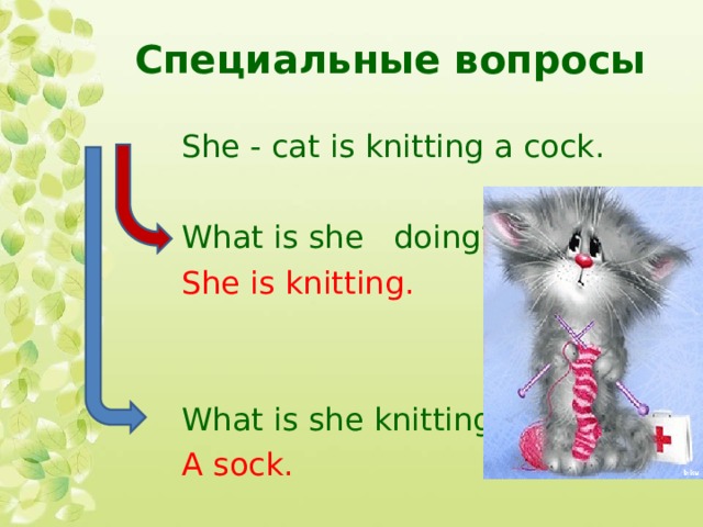 Специальные вопросы She - cat is knitting a cock. What is she doing? She is knitting. What is she knitting? A sock. 