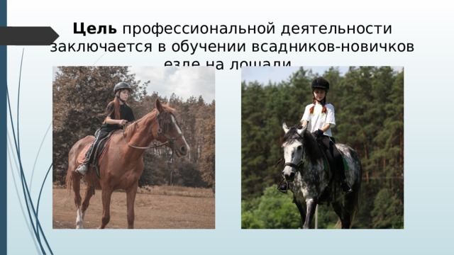 Цель профессиональной деятельности заключается в обучении всадников-новичков езде на лошади.  