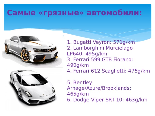 Самые «грязные» автомобили:   1. Bugatti Veyron: 571g/km  2. Lamborghini Murcielago LP640: 495g/km  3. Ferrari 599 GTB Fiorano: 490g/km  4. Ferrari 612 Scaglietti: 475g/km  5. Bentley Arnage/Azure/Brooklands: 465g/km  6. Dodge Viper SRT-10: 463g/km   