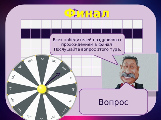 Б  Финал Финал а а а а а а а а а а а а Всех победителей поздравляю с прохождением в финал! Послушайте вопрос этого тура. Вопрос 