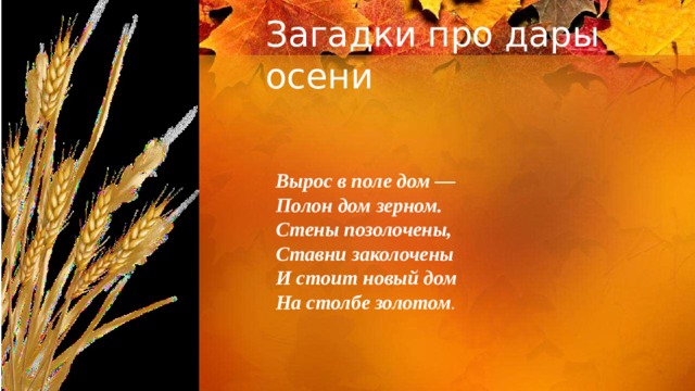 Загадки про дары осени Вырос в поле дом — Полон дом зерном. Стены позолочены, Ставни заколочены И стоит новый дом На столбе золотом . 