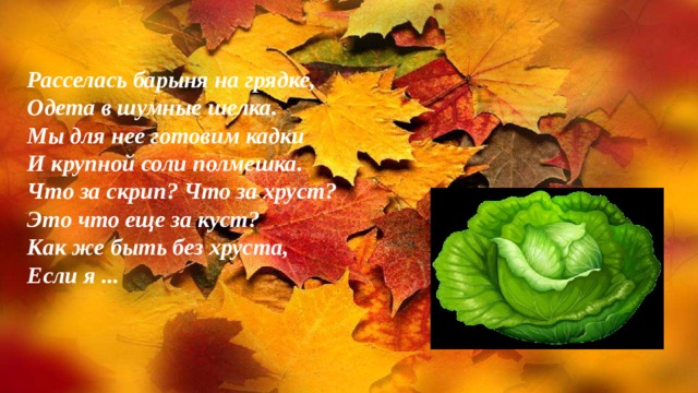 Расселась барыня на грядке, Одета в шумные шелка. Мы для нее готовим кадки И крупной соли полмешка. Что за скрип? Что за хруст? Это что еще за куст? Как же быть без хруста, Если я ... 