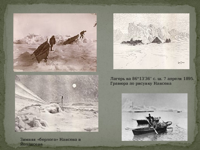Лагерь на 86°13′36′′ с. ш. 7 апреля 1895. Гравюра по рисунку Нансена Зимняя «берлога» Нансена и Йохансена 