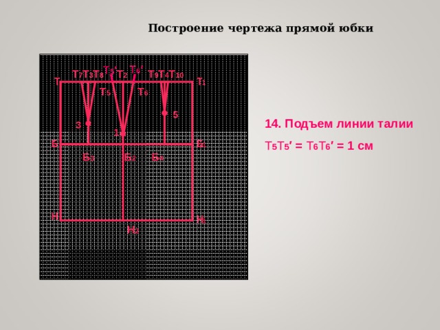 Построение чертежа прямой юбки  Т 6 ′ Т 5 ′  Т 8 Т 7 Т 4 Т 3 Т 10 Т 9 Т 2 Т 1 Т Т 6 Т 5 5 14. Подъем линии талии Т 5 Т 5 ′ = Т 6 Т 6 ′ = 1 см  3 1 Б Б 1 Б 2 Б 3 Б 4 Н Н 1 Н 2 