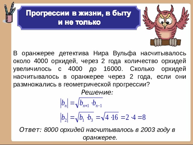 В оранжерее детектива Нира Вульфа насчитывалось около 4000 орхидей, через 2 года количество орхидей увеличилось с 4000 до 16000. Сколько орхидей насчитывалось в оранжерее через 2 года, если они размножались в геометрической прогрессии? Решение:    Ответ: 8000 орхидей насчитывалось в 2003 году в оранжерее.  
