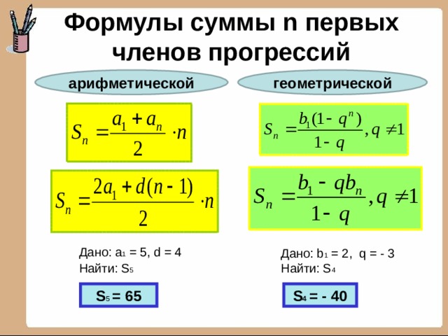 Формулы суммы n первых членов прогрессий арифметической геометрической Дано: a 1  =  5, d  =  4 Дано: b 1 = 2, q = - 3 Найти: S 5 Найти: S 4 S 5 = 65 S 4 = - 40 