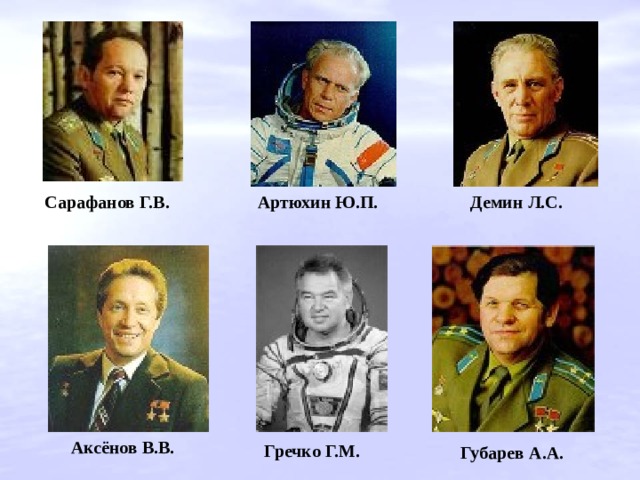 Артюхин Ю.П. Демин Л.С. Сарафанов Г.В. Аксёнов В.В. Гречко Г.М. Губарев А.А. 