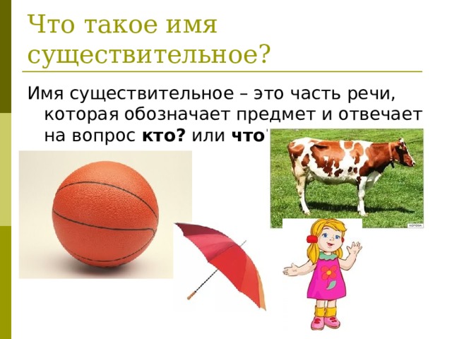 Что такое имя существительное? Имя существительное – это часть речи, которая обозначает предмет и отвечает на вопрос кто? или что? 