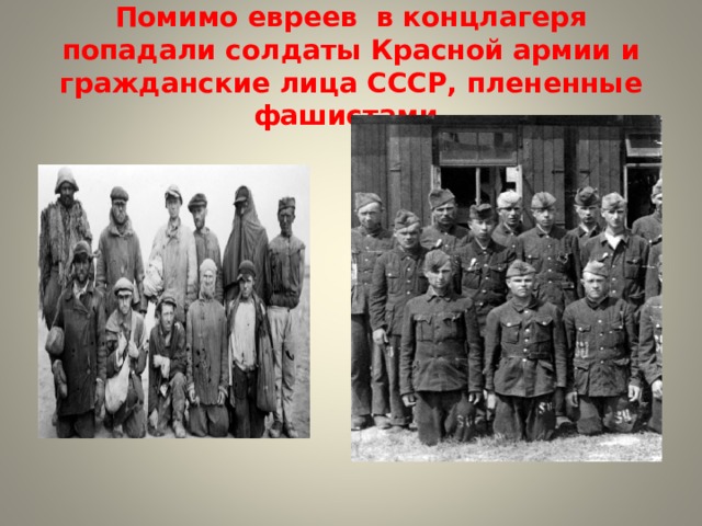 Помимо евреев в концлагеря попадали солдаты Красной армии и гражданские лица СССР, плененные фашистами. 