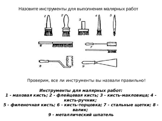 Инструменты для выполнения малярных работ. Выполнение малярных работ. Маховая кисть для малярных работ. Схема организации рабочего места маляра.