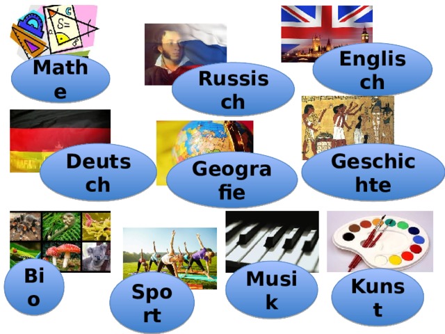 Englisch Mathe Russisch Deutsch Geschichte Geografie Bio Musik Kunst Sport 