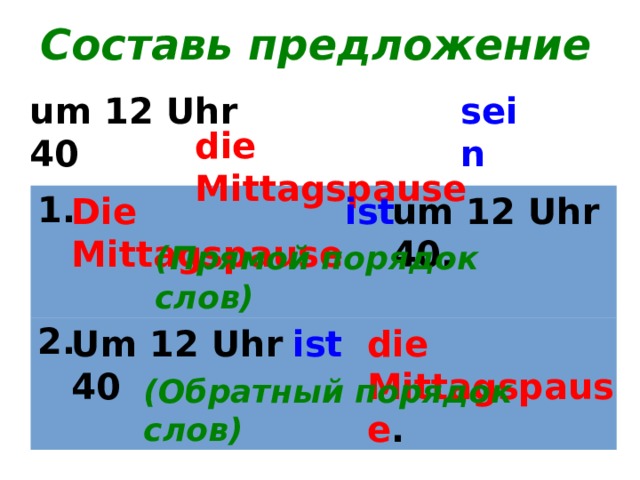 Составь предложение sein um 12 Uhr 40 die Mittagspause Die Mittagspause ist um 12 Uhr 40. 1. 2. (Прямой порядок слов) Um 12 Uhr 40 ist die Mittagspause . (Обратный порядок слов) 