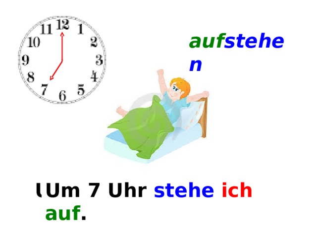 auf stehen Um ... . Um 7 Uhr stehe  ich  auf . 